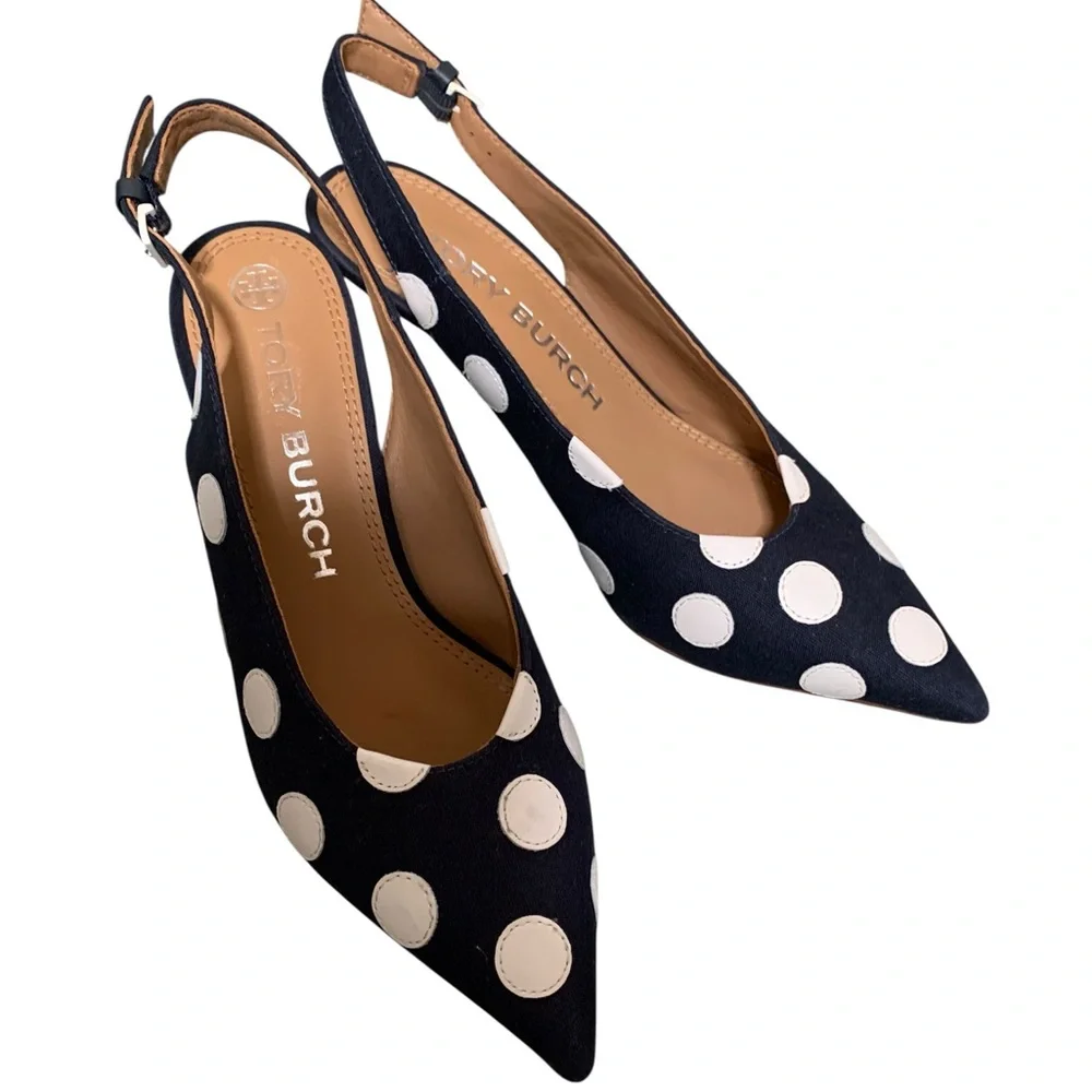 Tory Burch Navy and White Spenser Polka Dot Heels